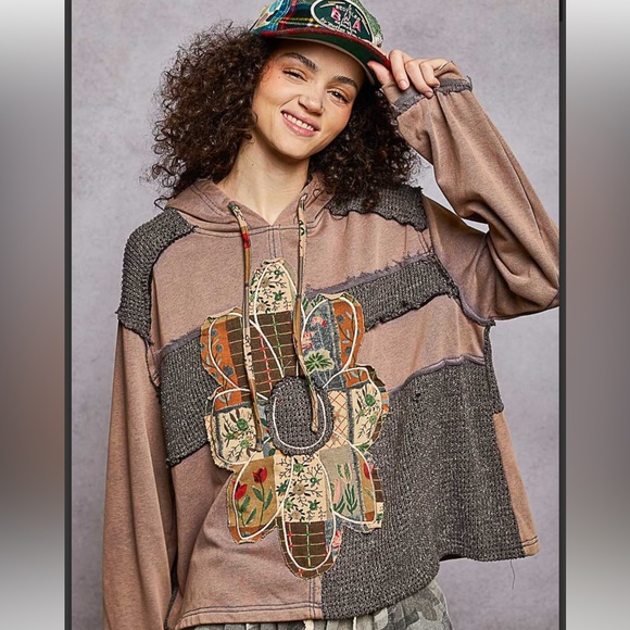 POL Tops - P89–POL Floral Patchwork Hoodie - Brown and Gray